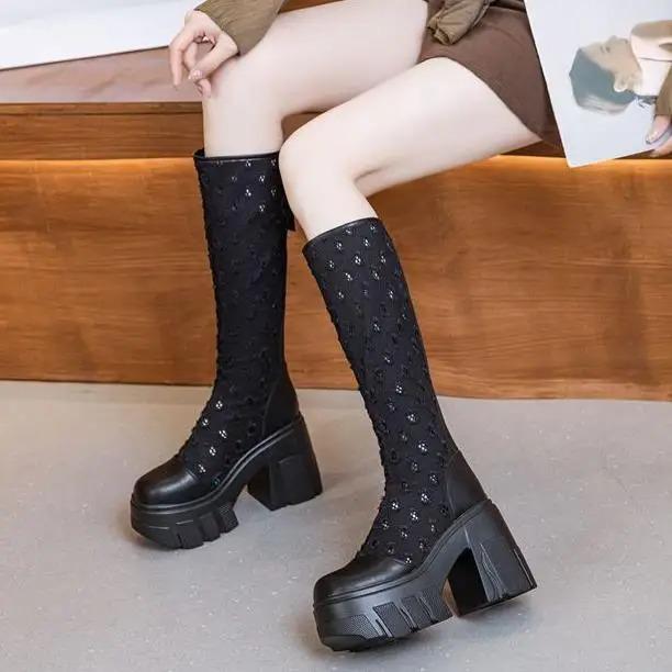 

Новые женские длинные сапоги, сапоги-рыцари, сапоги на толстой подошве-торте, облегающие сапоги, на грубом высоком каблуке, сетчатые ботильоны на высокой платформе 40 чёрный