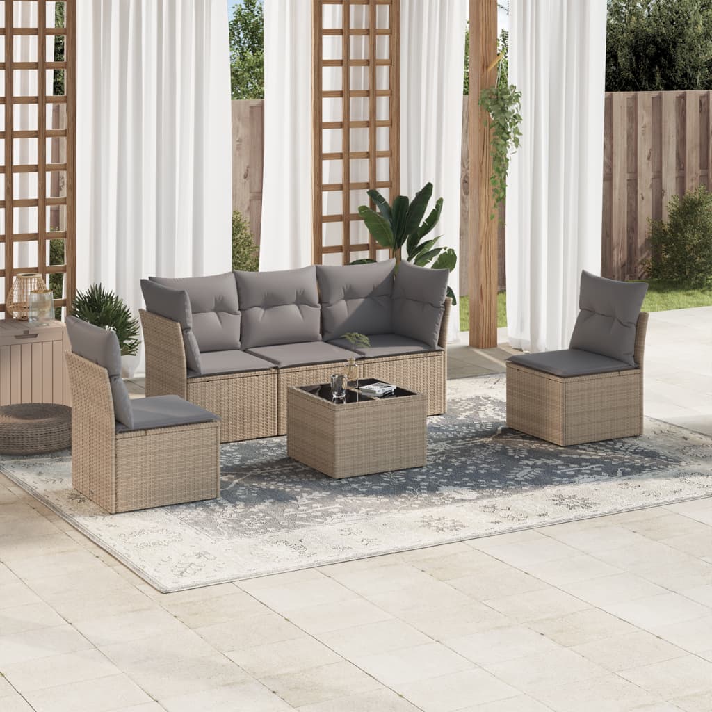 Vidaxl 6-Cz. Garden Furniture Set With Cushions, Beige, Poly Rattan