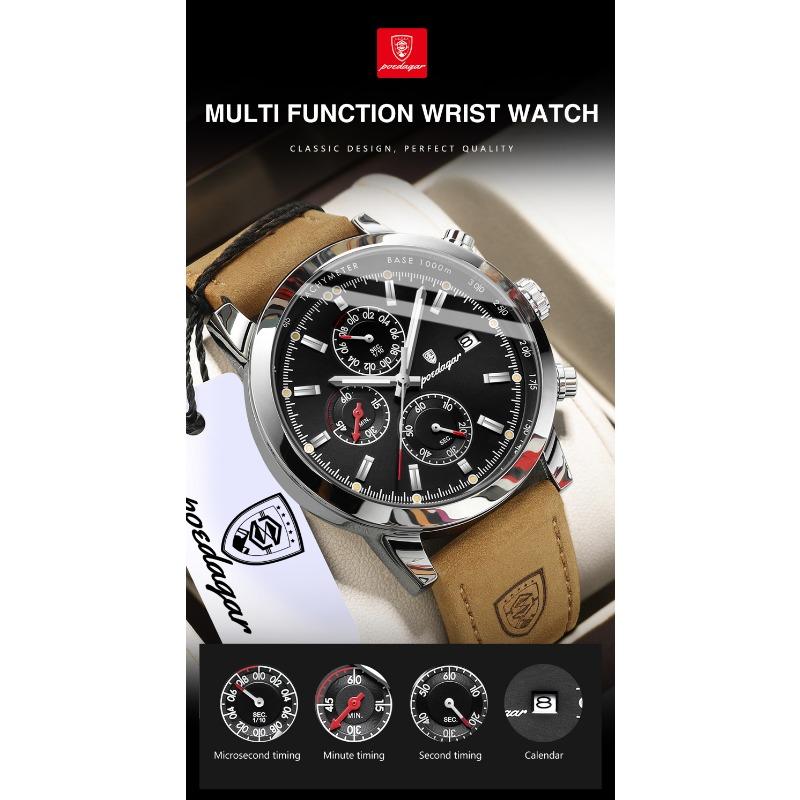 POEDAGAR Functional Luxury Man Wristwatch Date Waterproof Luminous Chronograph Men Watch Male Leather Quartz Watches