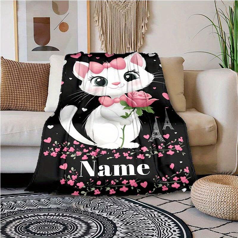 Cat Sending Flowers Customize Your Name Blanket Warm Comfortable And Soft Blankets Are Suitable For Home Chairs Office Sofas Sofas Office Camping And