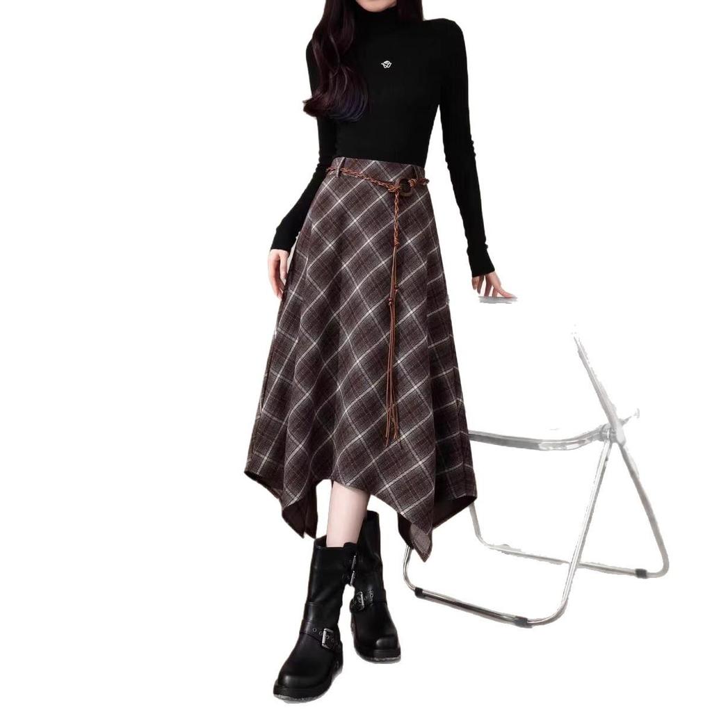 Woolen Retro Plaid A-line Maxi Skirt for Women - Spring/Autumn 2026