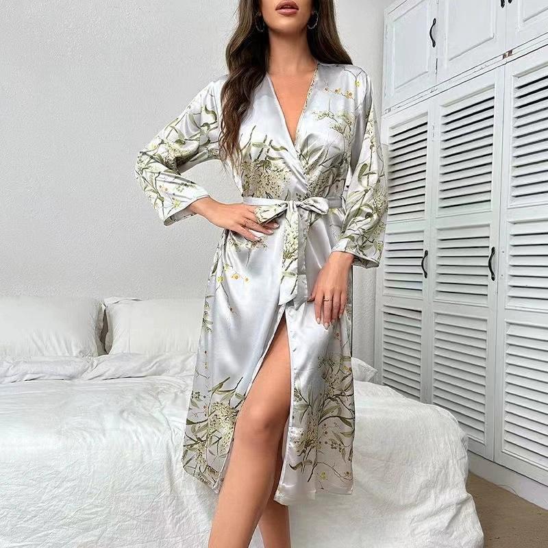 Women's Pajamas Sexy Imitation Silk Loose Household Clothes Ice Silk Cardigan Lace-up Bathrobe Pajamas for Women