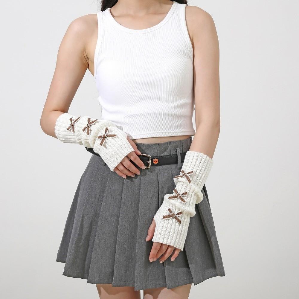Soft Knitted Bow Arm Warmers Long Knit Sleeve Cover Y2K Y2K Fingerless Gloves  Girl