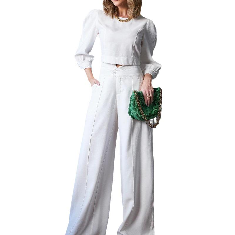 2024 Women's Fashion Two-Piece Set: Long-Sleeve Top & High-Waisted Wide-Leg Pants