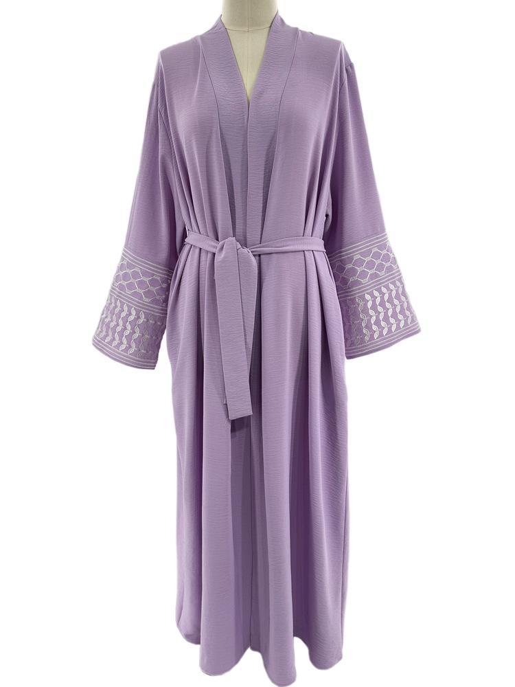 Elegant Embroidered Middle Eastern Muslim Tie-Up Cardigan Dress with Pockets