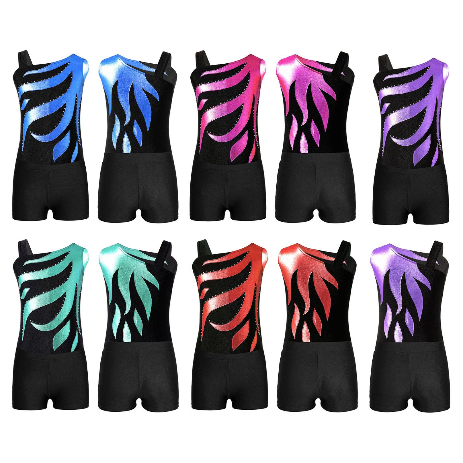 

Блискучі металеві спортивні танцювальні костюми для дівчат, трико без рукавів із шортами, набір для балетної гімнастики, катання на ковзанах 11-12 Years лавандовий/чорний