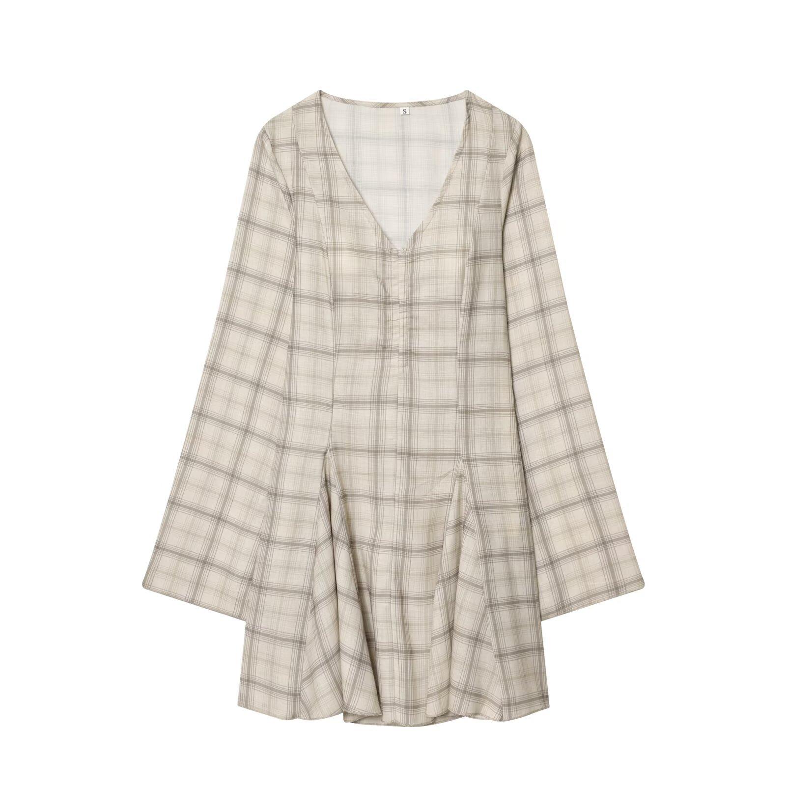 European and American style, new women s clothing, foreign style long-sleeved V-neck plaid short dress 4764302 XS