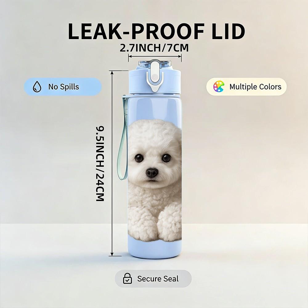 1PC Round Faced White Puppy 750ml Color Plastic Sports Water Bottle Leakproof Flip Straw Lid Suitable for Sports Office Home Use