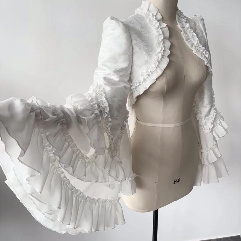 Classic Lolita Jacquard Ruffle Bolero Coat Elegant Gothic Long Sleeve Layered Frill Shoulder Cape Top Vintage Palace Jacket