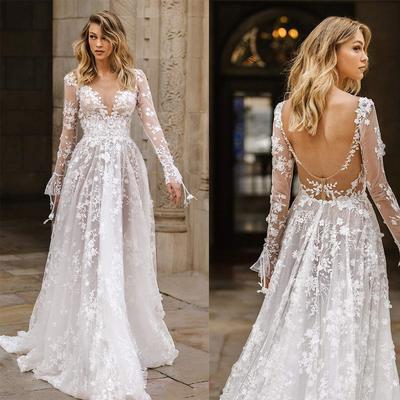 Damen Maxikleid mit tiefem Ausschnitt und langen Ärmeln, schmale Passform, mittlere Taille, elegantes Spitzen-Hochzeitskleid, Abendkleid