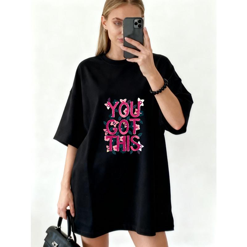 Oversized T-Shirt Dress Black You Got This Floral Text Print Casual Wear For Women