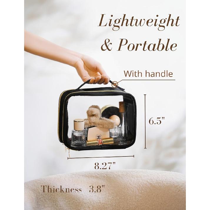 Yarnic Clear Travel Makeup Bag Transparent Portable Toiletry Bags Two Compartments Cosmetic Bag with Handle Nylon and PVC Makeup Organizer Pouch