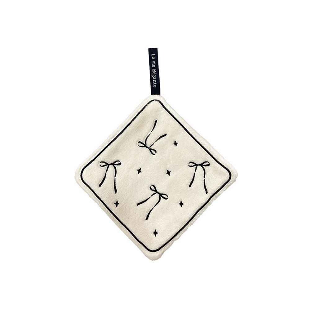 Cute Coral Velvet Bow Tie Embroidery Hanging Hand Towel for Bathroom No-shedding Double-layer Absorbent Quick-dry Kitchen Towel