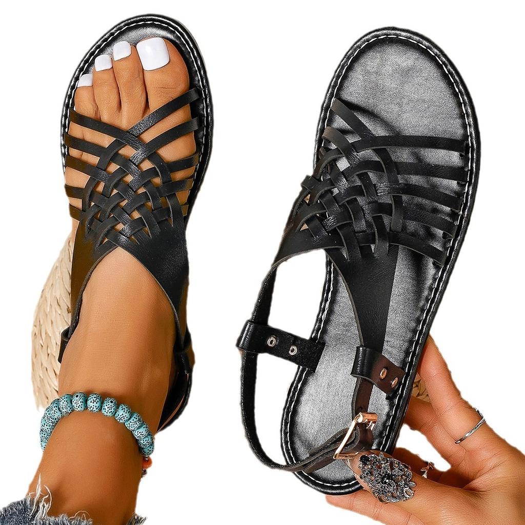 European and American foreign trade large size flat-bottom buckle open-toed sandals women's retro style cross belt light beach cool slippers