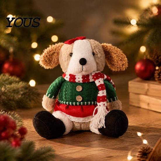 Plush Dog with Sweater Christmas Stuffed Animal Toy, Soft Puppy Doll Santa Hat for Gift Scarf Table, Fireplace, Holiday Party Decor, Lovers