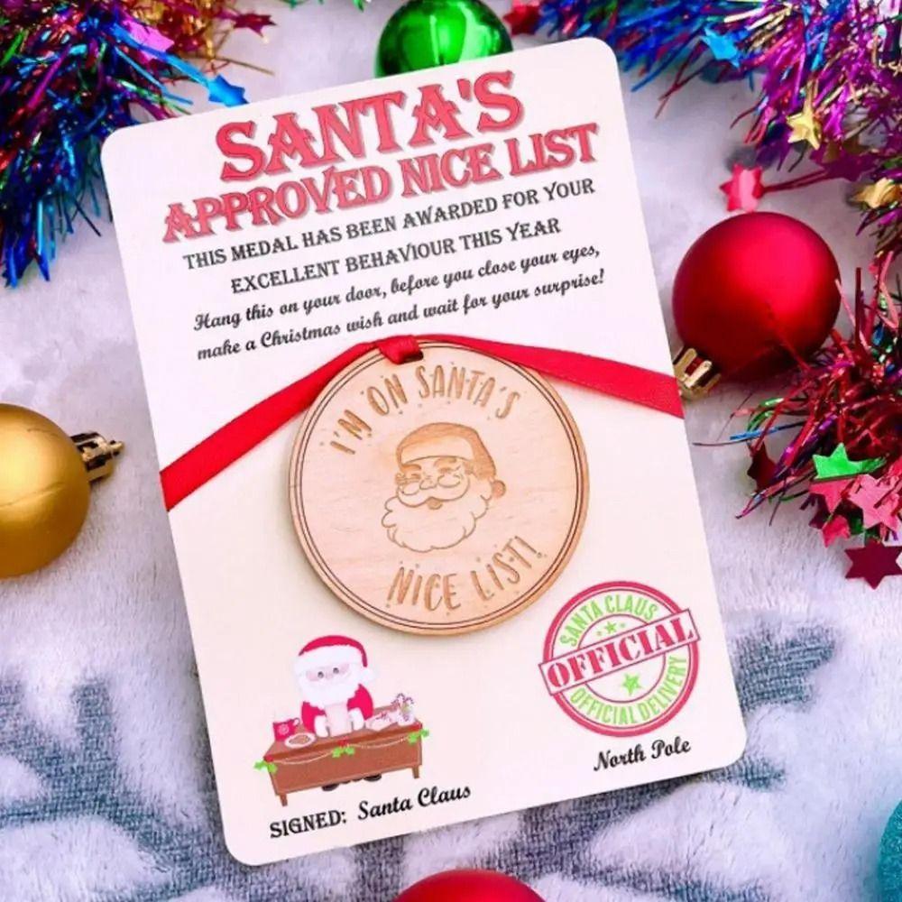 

Wooden Christmas Card Nice List Medals Paper Santa Claus Postcard Christmas Eve Santa Claus