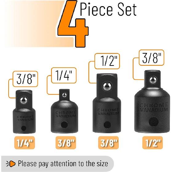 4PCS Impact Socket Adapter Reducer Set 1/2 3/8 1/4 Inch Use Wrenches Drills In Auto and Impact Driver Construction Work