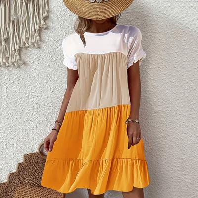 Women Summer Casual Short Sleeve O Neck Loose Color Matching Dress