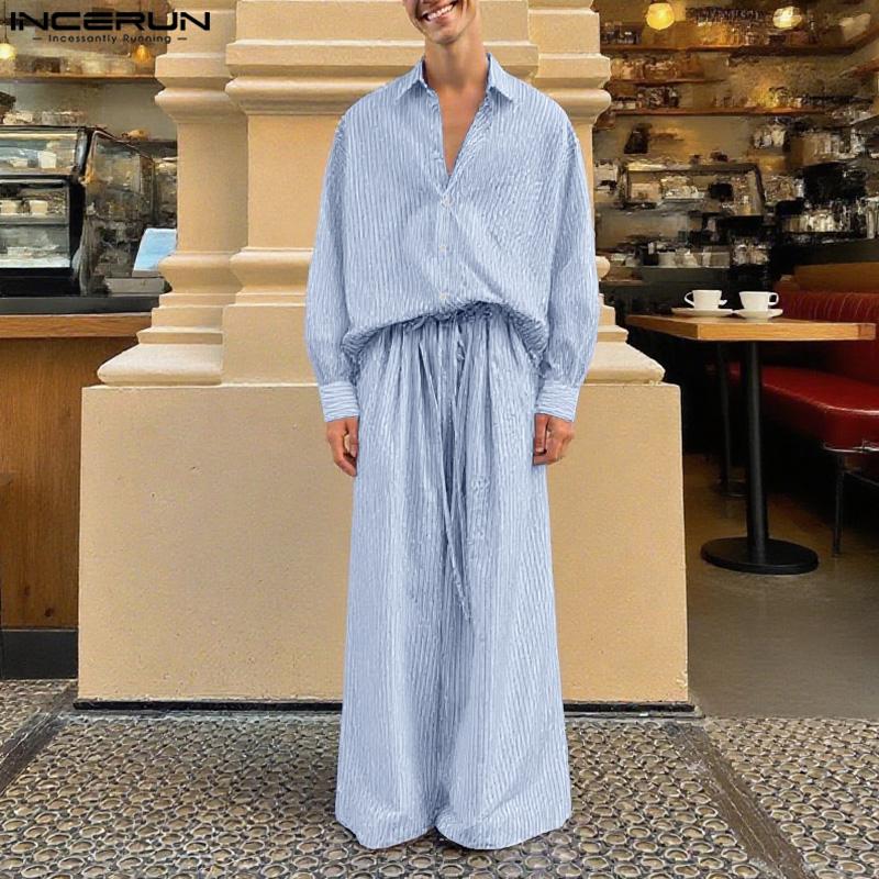 INCERUN Two Pieces Men Lapel Neck Long Sleeve Striped Shirt Long Wide Leg Pants Sets Outfits