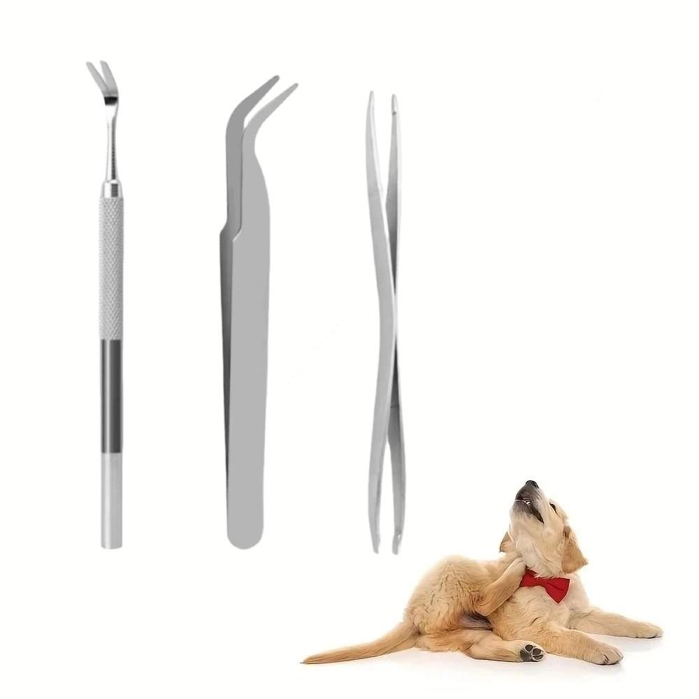 3Pcs/Set Stainless Steel Professional Tick Tweezers Portable Pet Tick Hook  for Pets