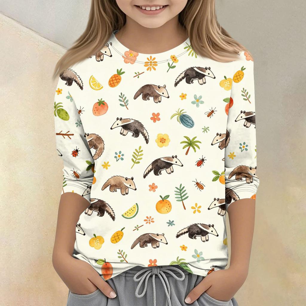 Kids Animal Print Crew Neck Three Quarter Sleeve Casual T Shirt Soft Fabric Comfortable Fit Lightweight Design for Everyday Wear