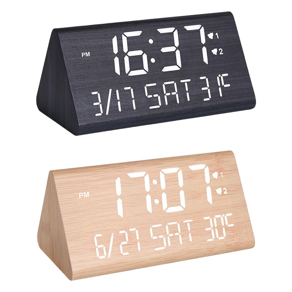 Digital Alarm Clock Wooden Multifunction Modern LED Time Display Electronic Clock for Desk Living Room Bedside NightStand Office