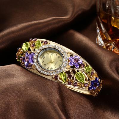 Women Rhinestone Flower Bracelet Bangle Oval Dial Analog Quartz Wrist Watch