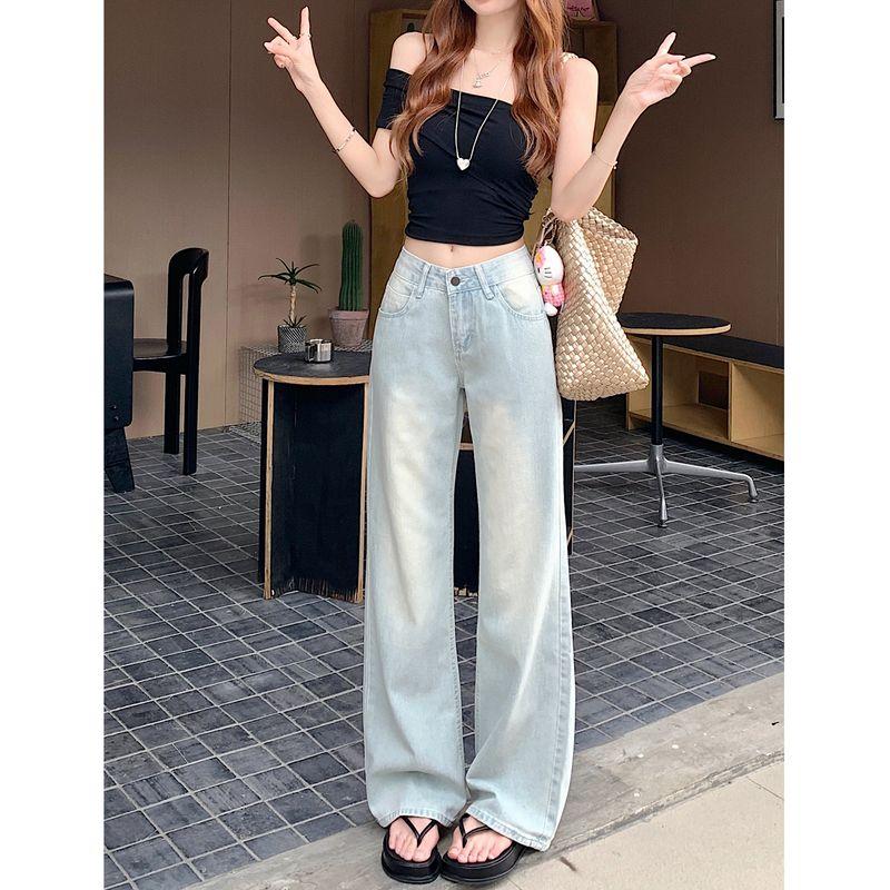 

145 Small Washed Light Blue Denim Women s Unique Stylish Low Waist Loose Straight-leg Loose Pants Summer Light pants (156-168) M