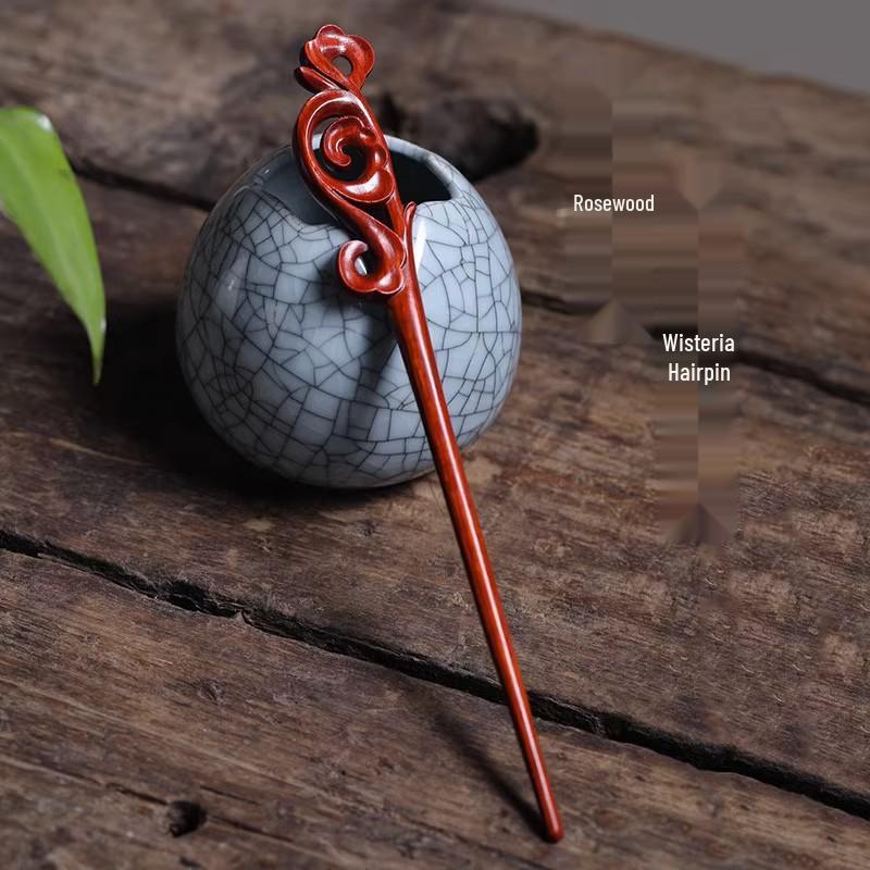 Red Sandalwood Women's Retro Hanfu Hairpins: Hollow Carved Moon Rabbit Wooden Ornaments