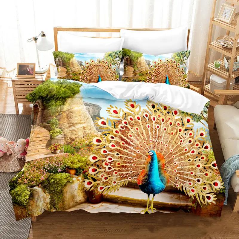 Peacock Feather Bedding Set Peacock Duvet Cover Set Single Double King For Adult Women Microfiber Comforter Cover Bedroom Decor