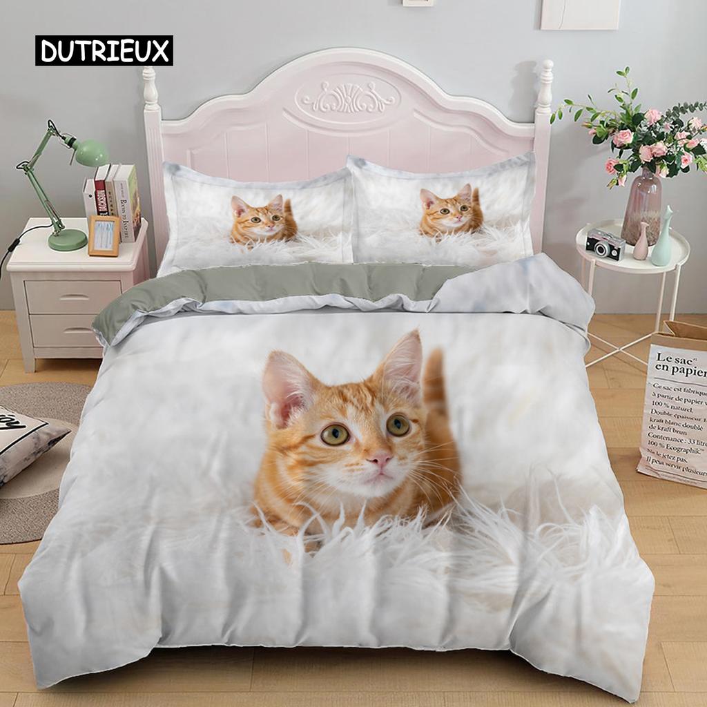 3D Bedding Sets Red Duvet Quilt Cover Set Comforter Bed Linen Pillowcase King Queen 210*210cm Size Pet Cat Design for Kids Girls