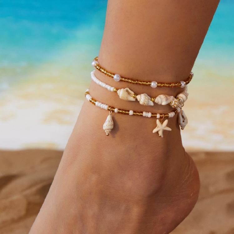 Stackable Anklet Beach Vacation Jewelry Multilayer Shell Bead Ankle Chain Handmade Comfortable Alloy Seaside Accessory