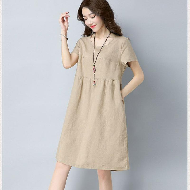 knee length dresses for ladies Black Korean Style Cotton Linen Falbala Bat Sleeve Round Neck Loose Women Clothes Q8300B S / Black