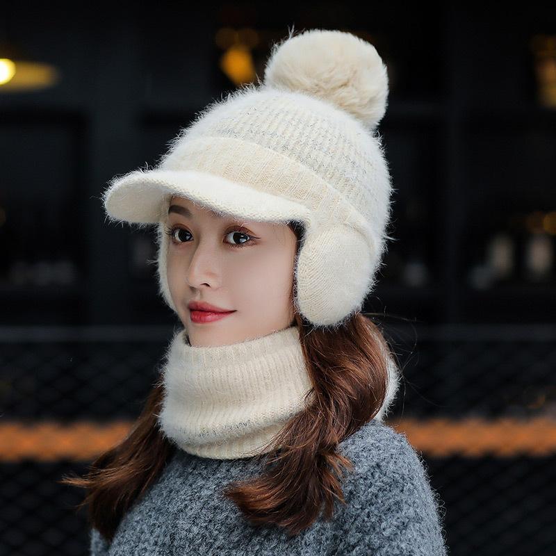 Ladies rabbit fur knitted hat trendy student wool ear protection cap outdoor cold protection warm scarf velvet