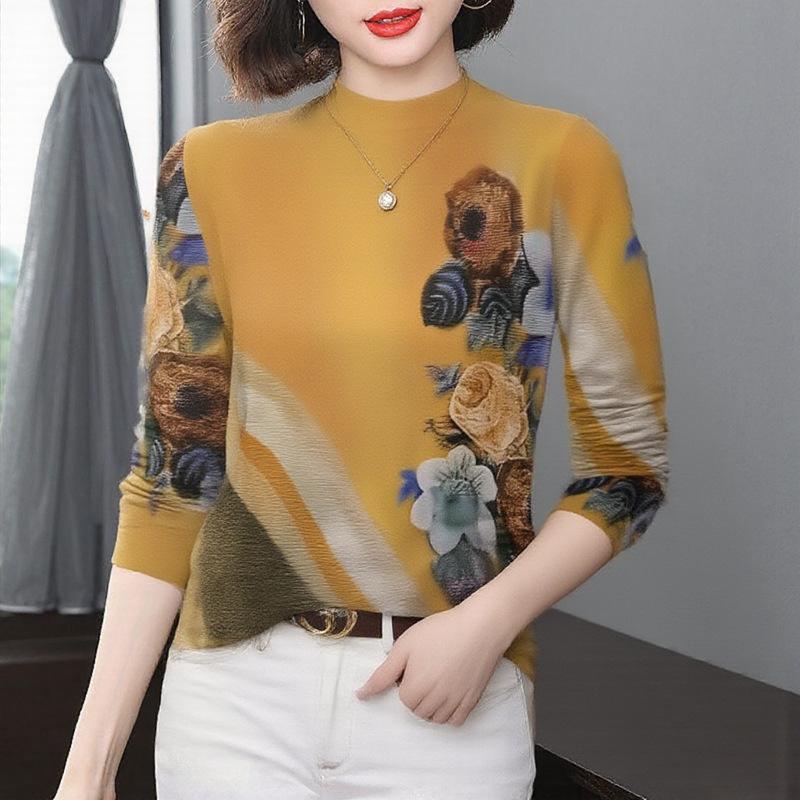 

Women s Stylish Semi-High Neck Long-Sleeve Print Shirt – Slimming, Fleece-Lined, Age-Defying Top for Middle-Aged Fashion. XL