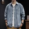 Spring Autumn Men Retro New Casual Work Jacket Denim Shirt Blue Long Sleeve