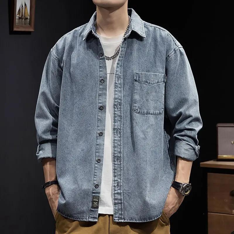 Spring Autumn Men Retro New Casual Work Jacket Denim Shirt Blue Long Sleeve