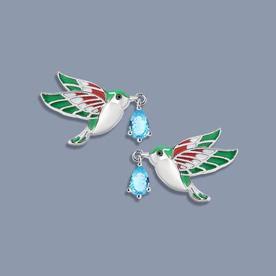 New Pastoral Color Plated White Gold Bird Enamel Earrings Water Drops Aquamarine Creative Retro Earrings
