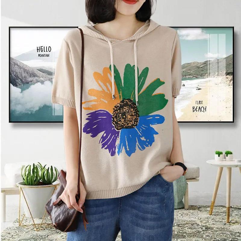 T-shirt for Women Summer Large Size Cotton Hooded Knit Short Sleeve Top Soft Loose Casual Comfortable Pullover T-shirt Top