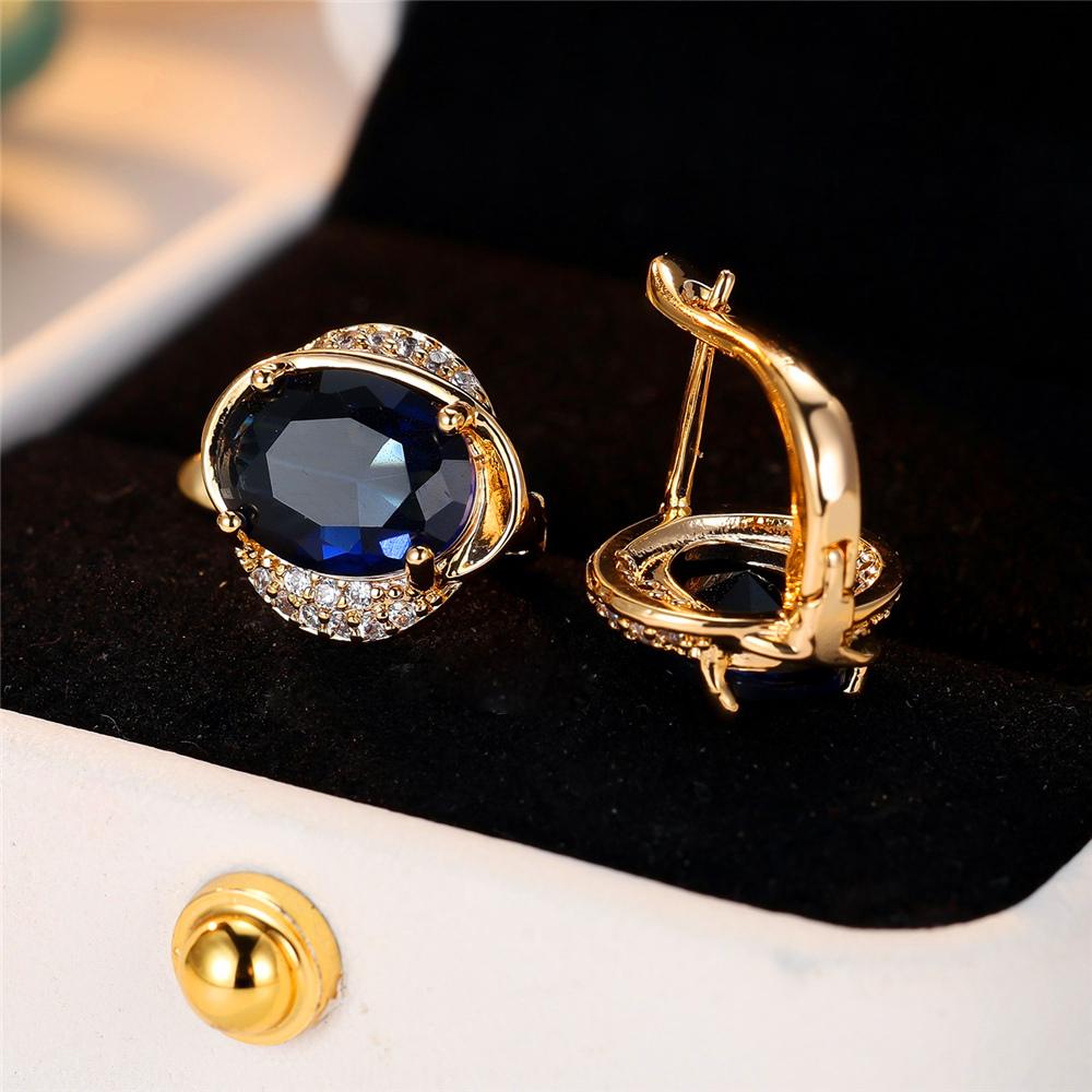 Trendy Crystal Blue Zircon Oval Stone Hoop Earrings For Women Vintage Gold Color Wedding