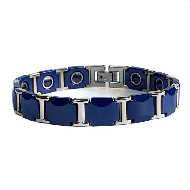 Men s Titanium Steel & Blue-Black Crescent Ceramic Magnetic Bracelet with Gold Street Style синий