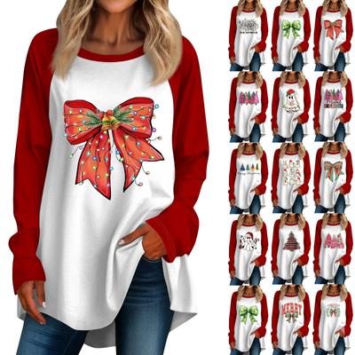 Women's Casual  Plus Size Long Sleeved Round Neck Christmas Printed T-shirt Top Pullover