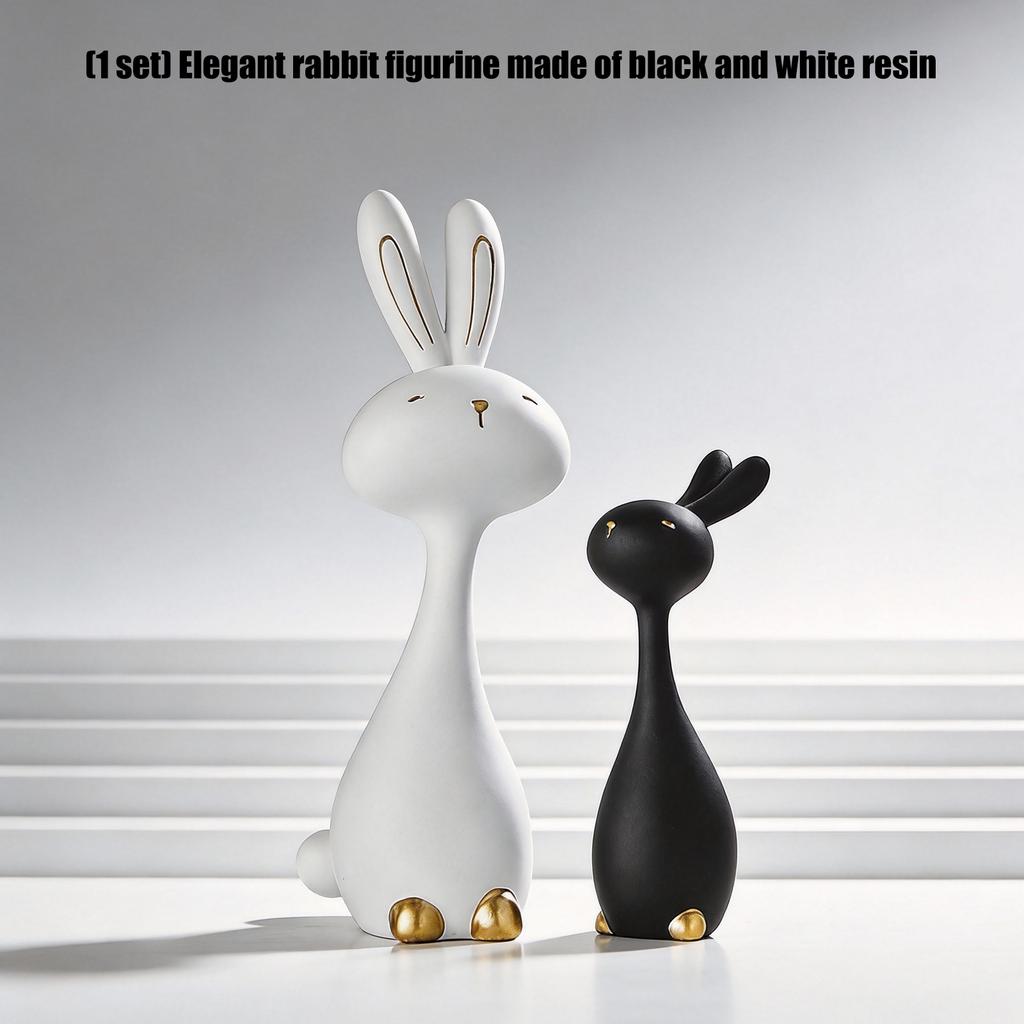 Confezione da 2 Coniglietti Pasquali Artistici Decorazione Festa di Primavera Scultura Figurina di Coniglio in Resina Bianco e Nero per Arredamento Casa