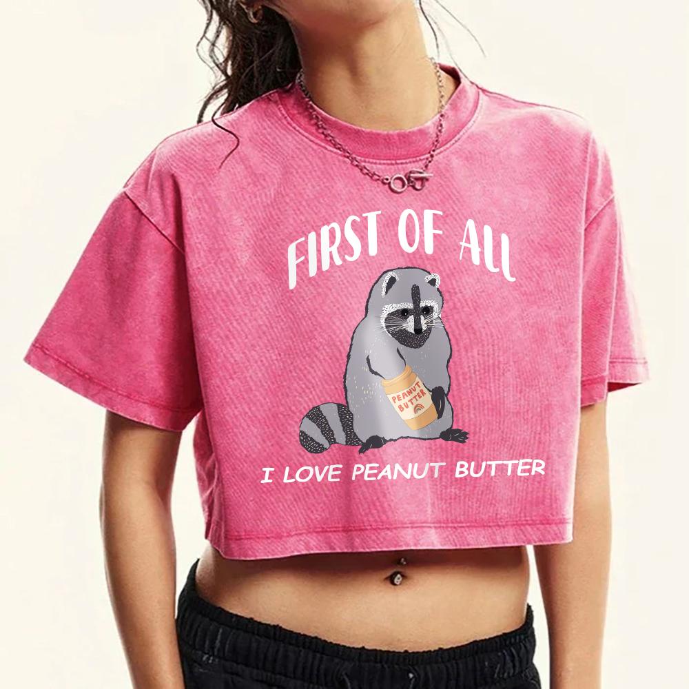 First Of All Cartoon Raccoon Printed Female Washed T-Shirt Cotton O-Neck Slim T Shirts Retro Fitness Tops