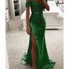 Abito Maxi da Donna Mermaid Scollo Bardot Manica Corta Vestibilità Aderente Spacco Alto Paillettes Abito da Sera Formale