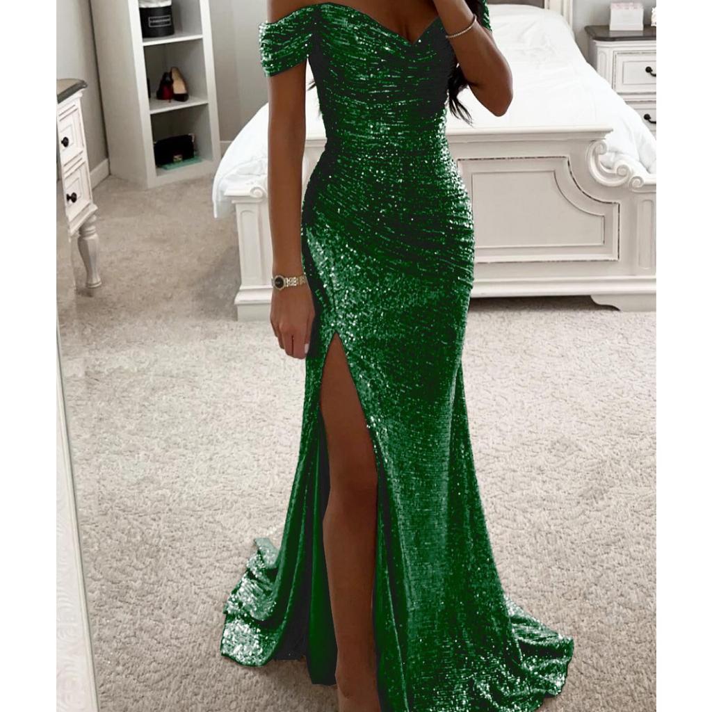 Abito Maxi da Donna Mermaid Scollo Bardot Manica Corta Vestibilità Aderente Spacco Alto Paillettes Abito da Sera Formale