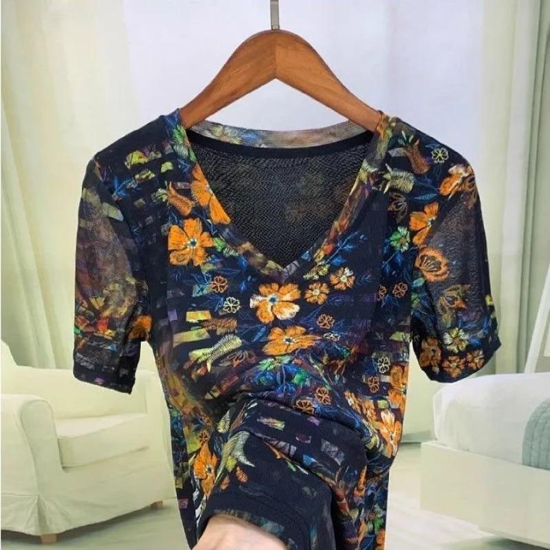 

Women s Black Floral Print Mesh T-Shirt Short Sleeve V-Neck Casual Top L чорний