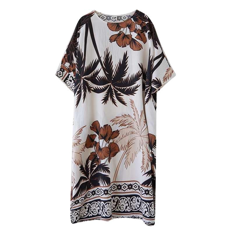 Summer Literary and Retro Middle-aged and Elderly Mother Clothing Cotton and Linen Positioning Flower Round Neck Loose Dress Women