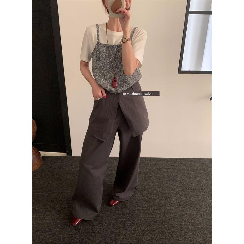 

Korean Style Bandage Dress Ins Style Knitting Camisole Women s Fall New Preppy Style Niche Style Work Clothing Short Tops Flower Ash M