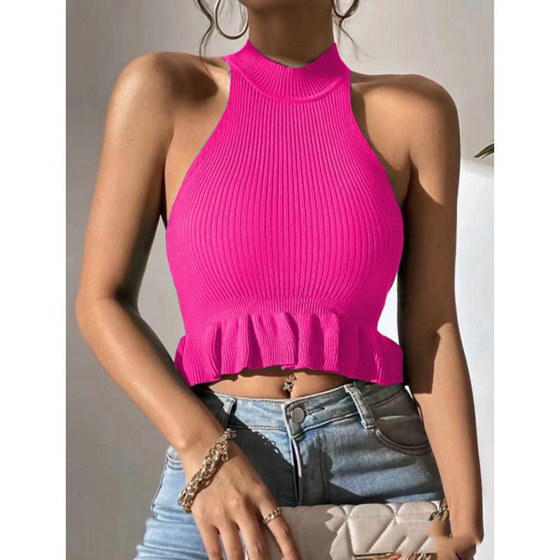 Summer New Design Sense Ruffled Knit Halter Vest Sexy Short Top Women